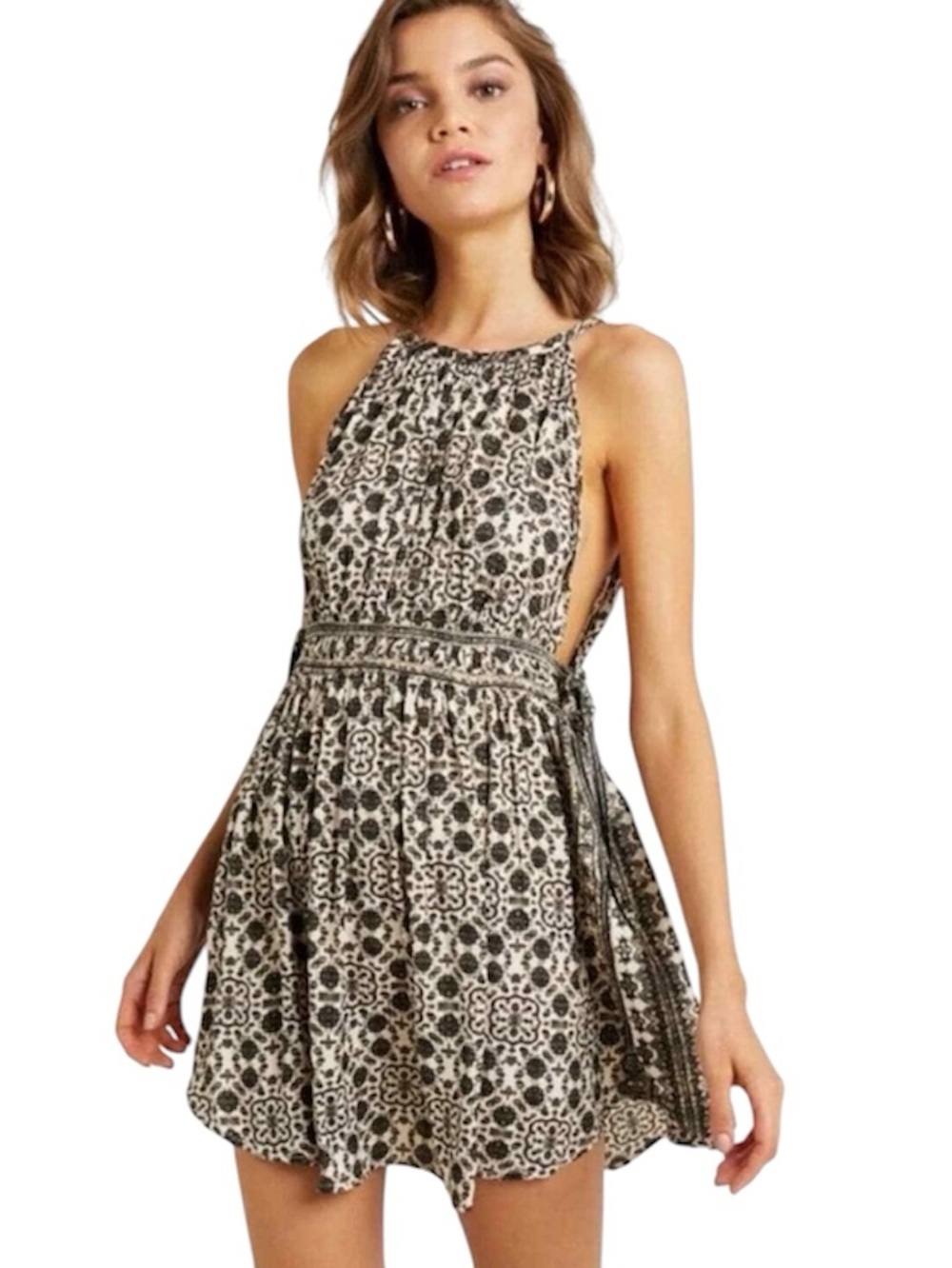 Free People Midsummer Day Black Tan Printed Sleeveless Cutout Dress Small